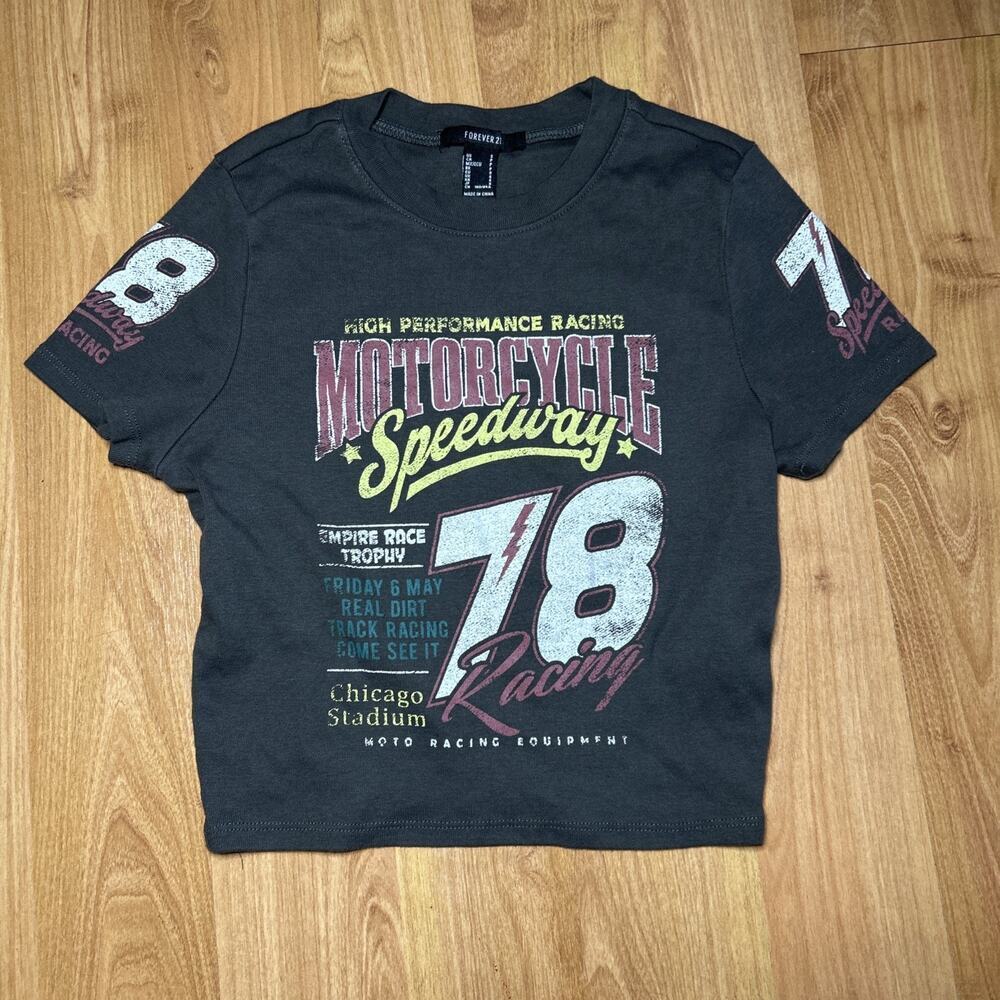 Forever 21 Brown Motorcycle Speedway Graphic Crop Top Size Small Women’s Shirt
